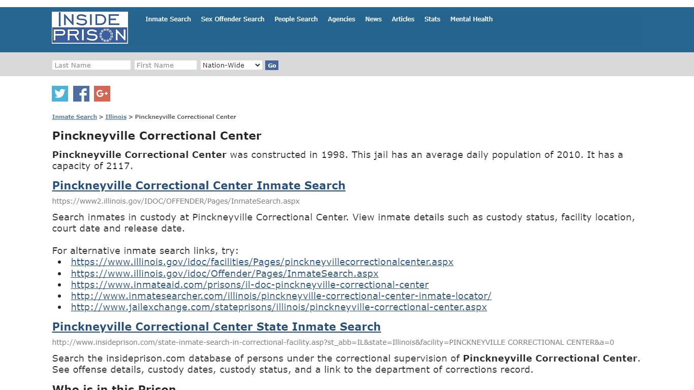 Pinckneyville Correctional Center - Illinois - Inmate Search